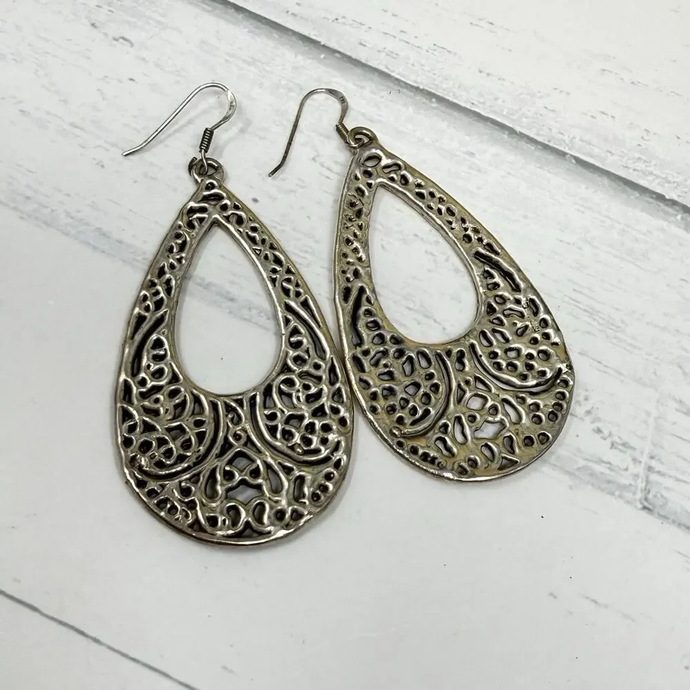 E&L Sterling Silver Electroform Open Filigree Teardrop Dangle Earrings